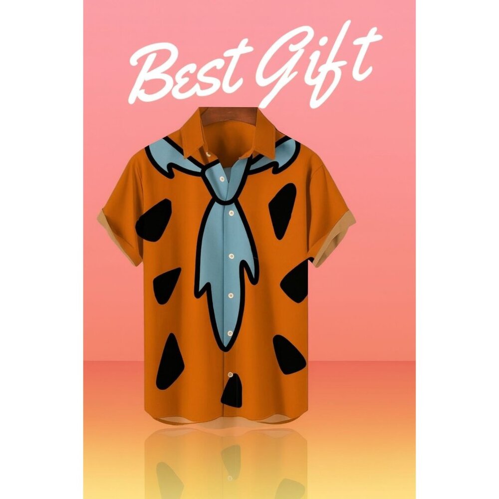 Fred Flintstones Orange Button Down Men's V-Neck Beach Party Short Sleeve Shirt